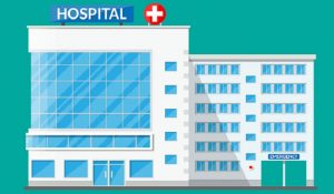 Hospital building, medical icon.