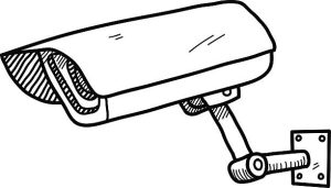 A hand drawn vector doodle illustration of a CCTV camera.